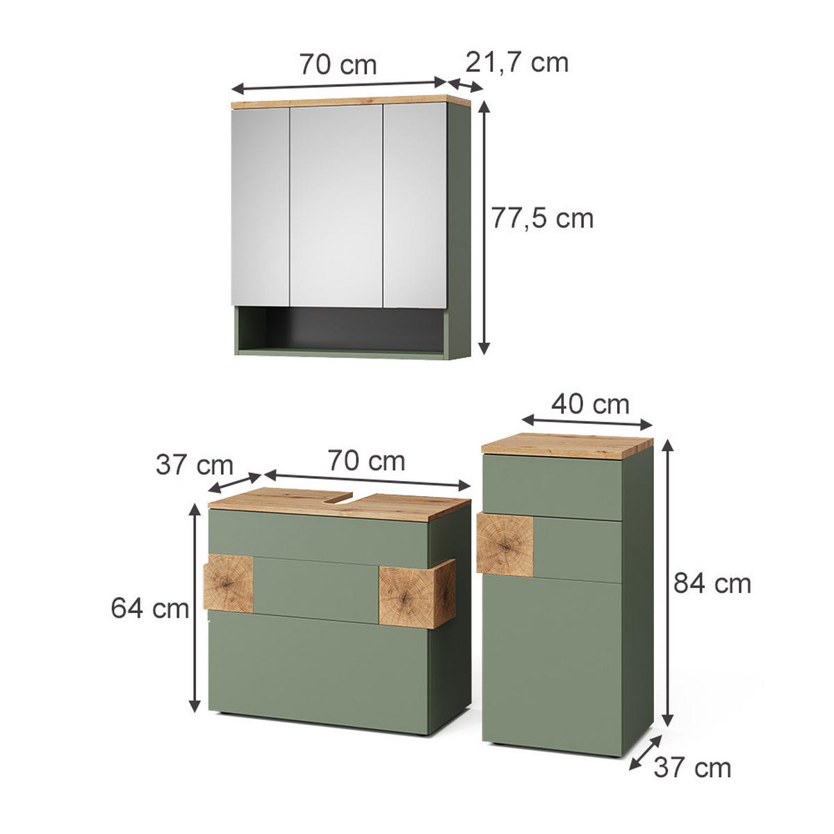BADMÖBEL-SET Eden Grün/Artisan 3 Teile - Hellgrau/Grün, Holzwerkstoff (70/64.5/37cm) - Vicco