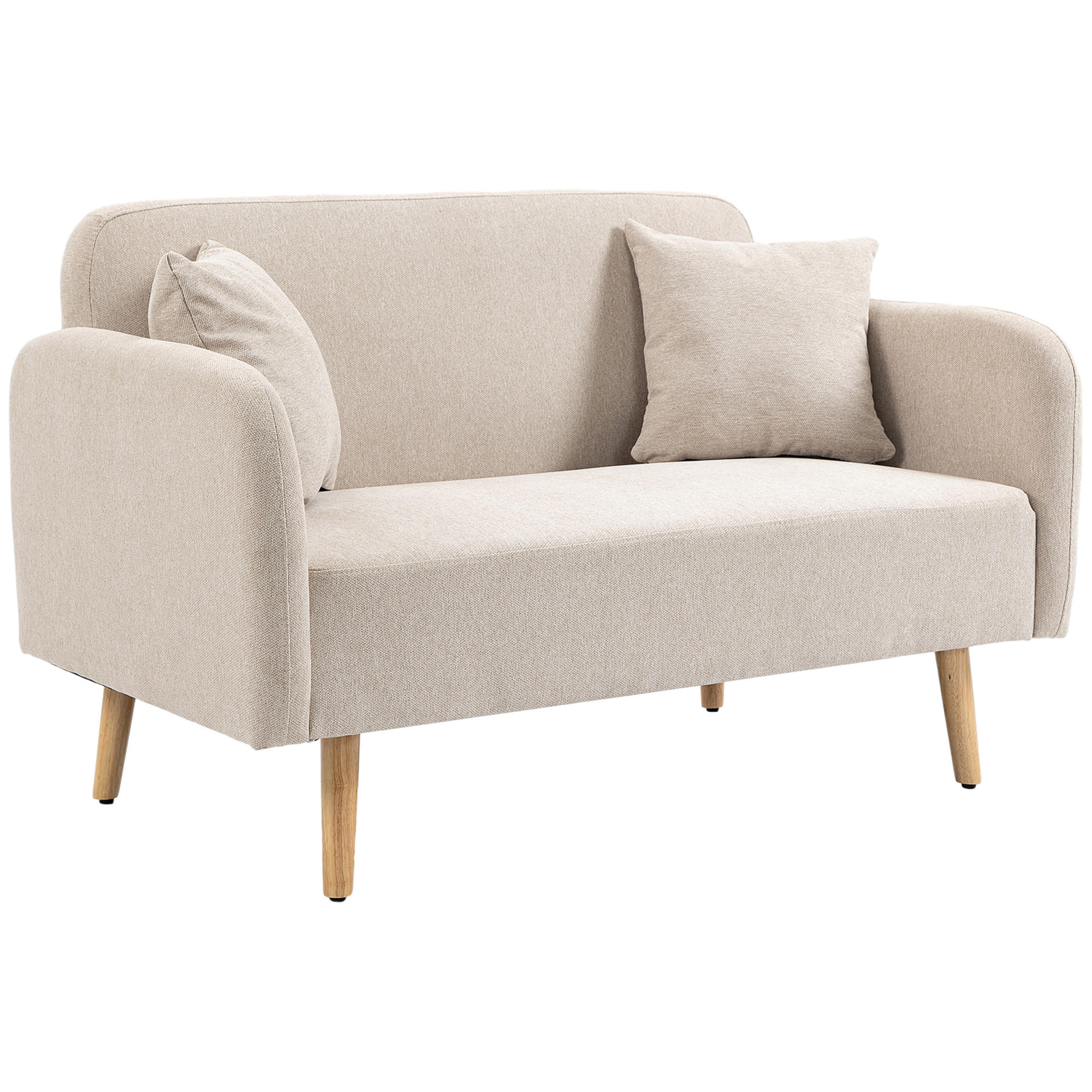 2 Sitzer Sofa, Couch mit 2 Wurfkissen, gepolsterter Doppelsofa mit Samtopik - Creme, Holz (70/80/130cm) - HOMCOM