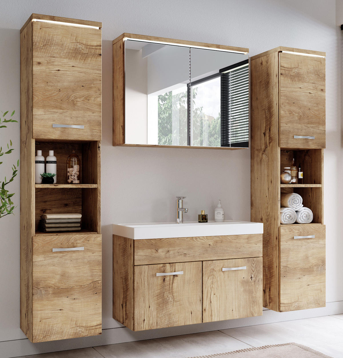 BADMÖBEL-SET Paso LED 5 Teile Kastanien Eiche - 80 x 35 x 55 cm - Kastanienfarben/Eichefarben, Holz (80/55/40cm) - Badplaats