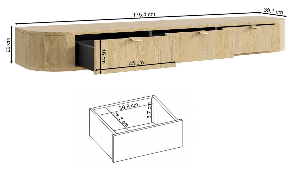 TV stolek Coru Slim, dub, 175 cm - tmavě hnědá, kov/kompozitní dřevo (175.4/20/39.1cm) - Selsey