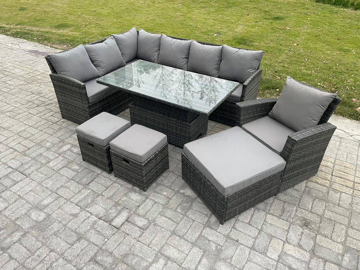 GARTENSET mit Höhenverstellbarer Tisch, 3 Fußhocker, Stuhl Polyrattan Dunkelgrau 10-Sitzer - Dunkelgrau/Grau, Glas/Kunststoff - Fimous