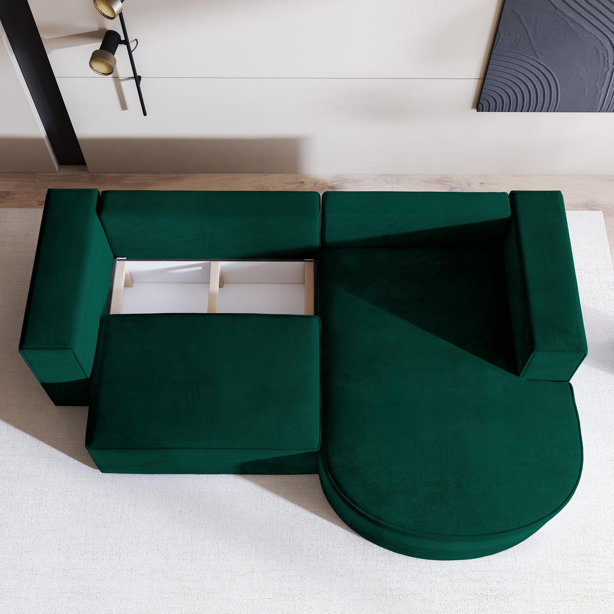 ECKSOFA SORELA M R-S Grün Velours-Stoff mit Schlaffunktion - Grün, Holz (263/174cm) - MASSENO