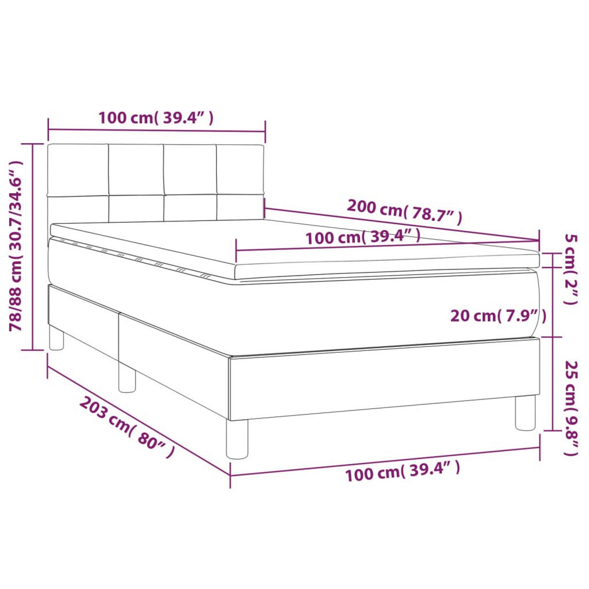 BOXSPRINGBETT MIT MATRATZE & LED DUNKELGRAU 100X200 CM SAMT - Dunkelgrau, Textil - vidaXL