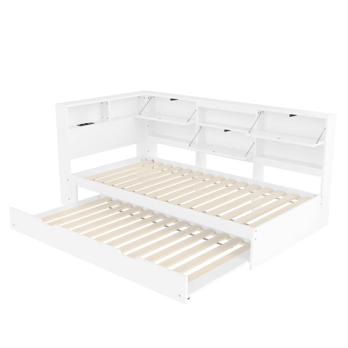 POLSTERBETT aus Kiefernholz & MDF 90x190/200 cm in Weiß mit Ausziehbett & USB-C - Weiß, Holzwerkstoff (90/200cm) - Modfu