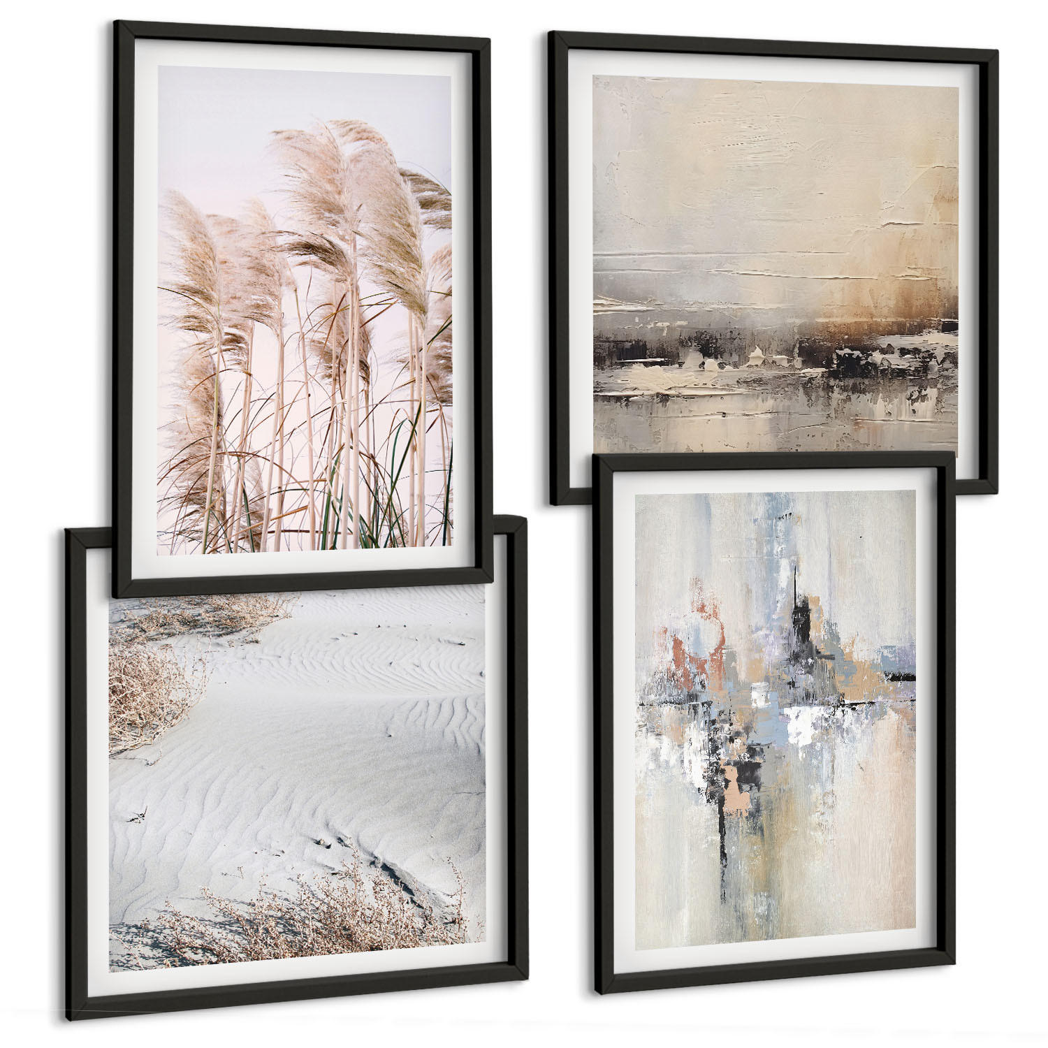 BILDER SET 4er Set - 50x50 cm & 40x60 cm Schwarzer Rahmen - Abstrakte Vegetationsmuster - Schwarz, Kunststoff (50/50cm) - TULUP
