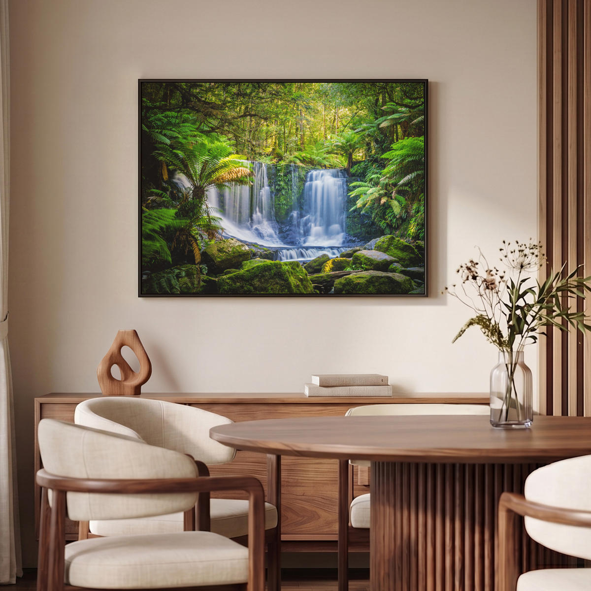 LEINWAND Bilder mit Rahmen - Dschungel - Wasserfall - Australien - Pflanzen - Natur - 100x70 - Dunkelgrün, Textil (100/70cm) - MuchoWow