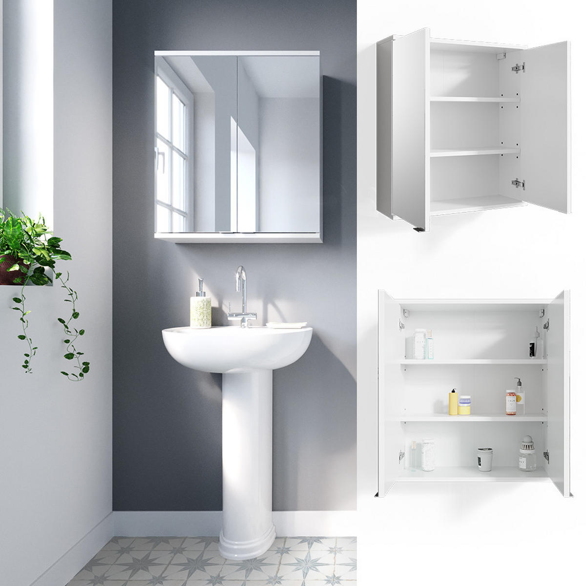BADSPIEGELSCHRANK Roy Weiß 60 x 68 cm - Weiß, Holzwerkstoff (60/68/20cm) - Vicco