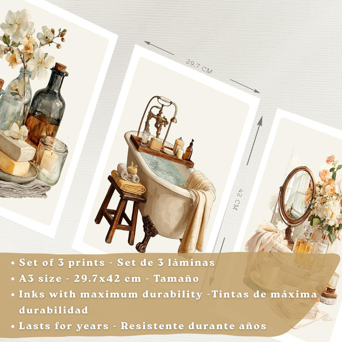 POSTER 3er-Set dekorative Badezimmer-Wandbilder und, Vintage-Stil für Waschbecken, Dusche, WC mit Badewanne, Blumen und Spiegel Leichter Holzrahmen A3 - Beige, Papier (42/29.7/3cm) - Nacnic