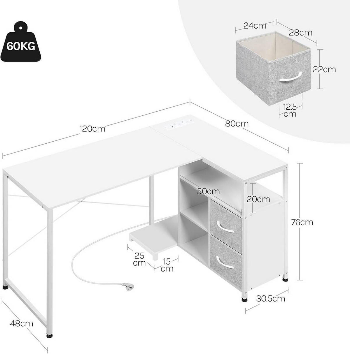 ECKSCHREIBTISCH L-Form, mit Steckdosen, Weiß - Weiß, Holzwerkstoff/Textil (80/120/76cm) - Woltu