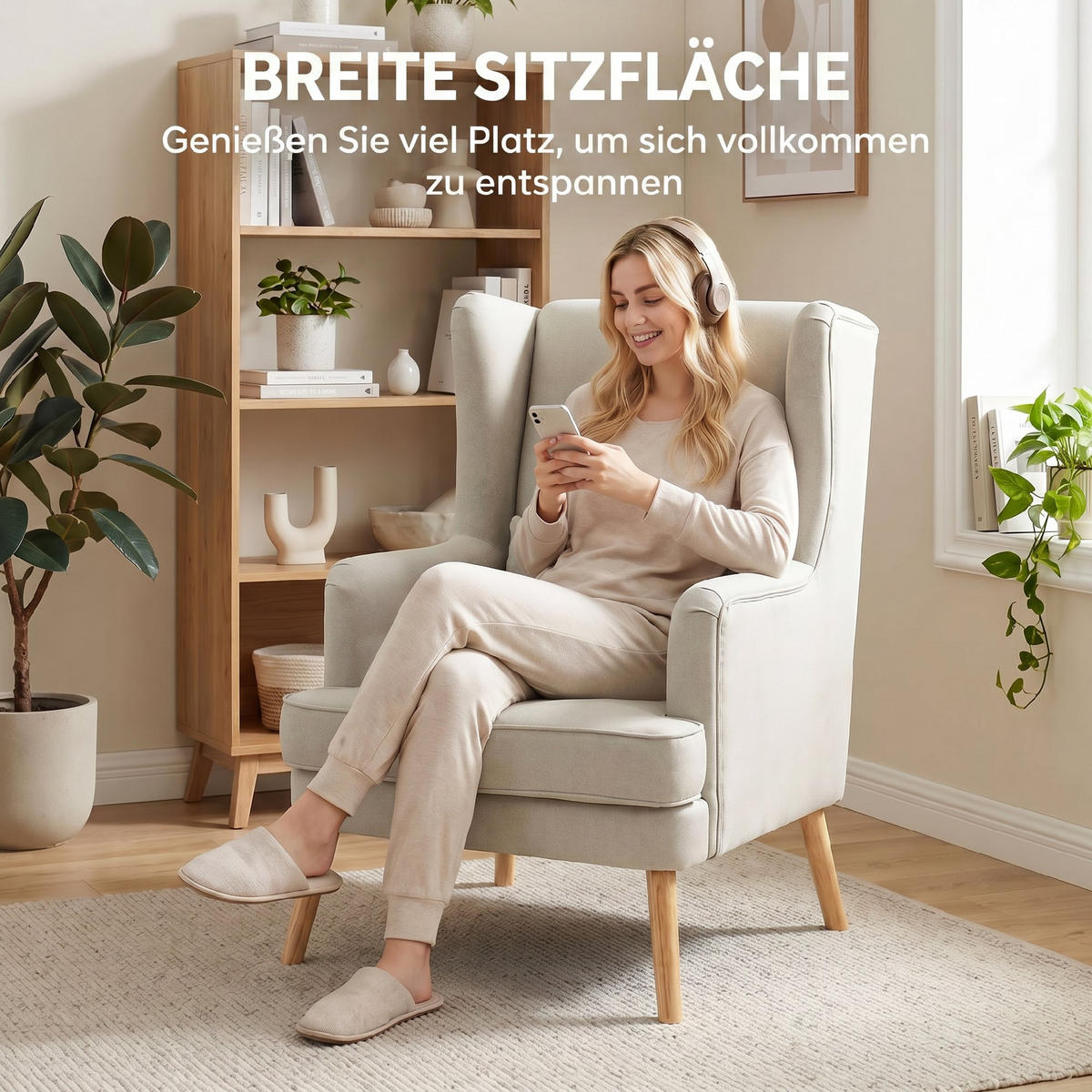 OHRENSESSEL Leinen, Gummiholz Beige - Beige/Naturfarben, Holz/Textil (77/110/77cm) - HOMCOM