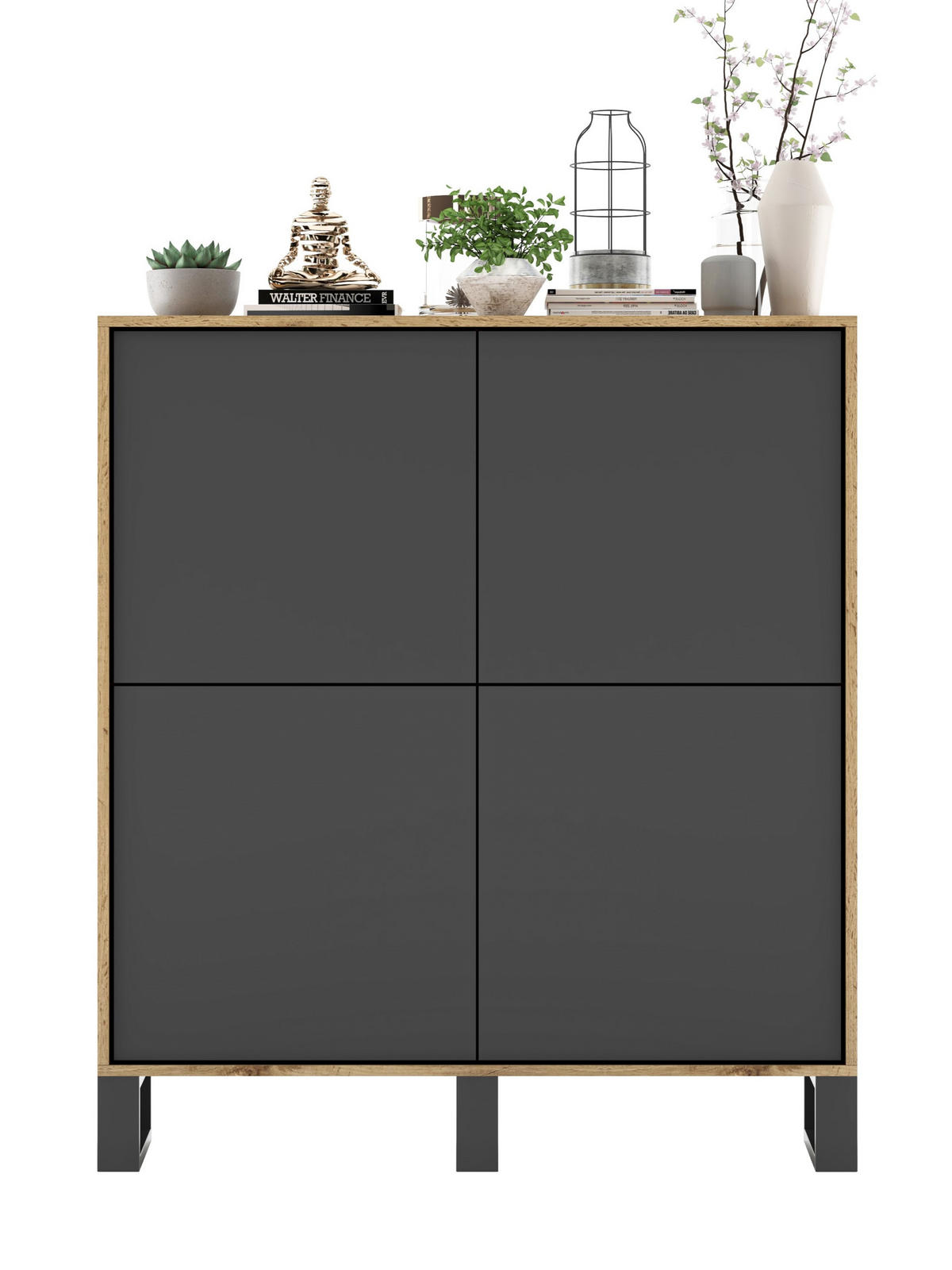 KOMMODE Apollo 4D Eiche wotan Graphit Matt mit metallbeinen 113 cm - Graphitfarben/Schwarz, Holzwerkstoff/Metall (113/127/35cm) - Meble Lindner