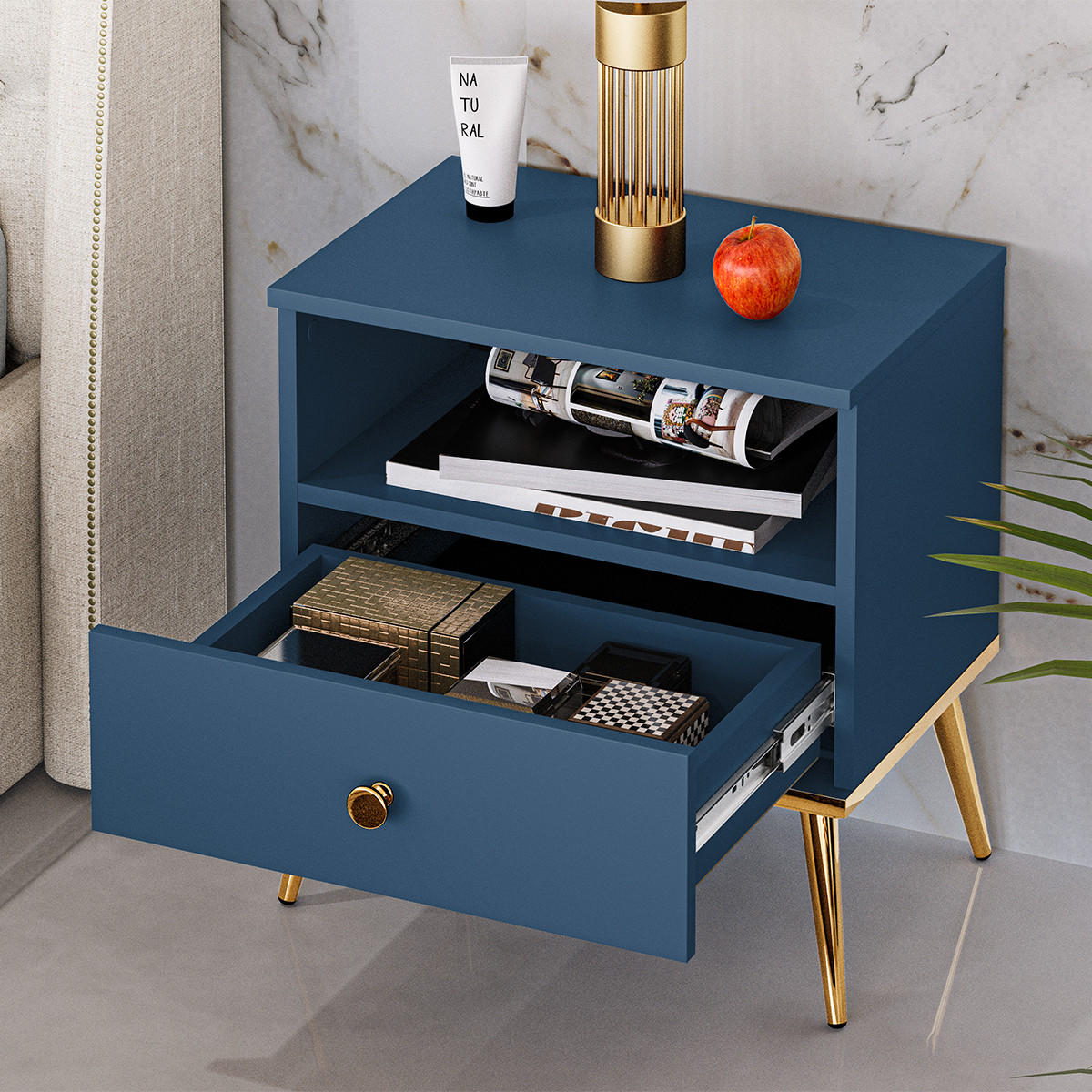 NOČNÍ STOLEK Thalia Modrá - modrá, kompozitní dřevo (50/53/34cm) - Petits-meubles