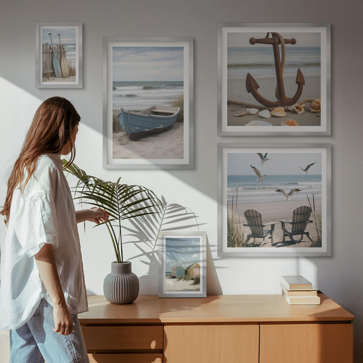 WANDBILDER 5er Set - 50x50 cm & 20x30 cm & 40x60 cm Silberner Rahmen - Abstrakte Pflanzenmotive - Silberfarben, Kunststoff (40/60cm) - ArtPrintCave