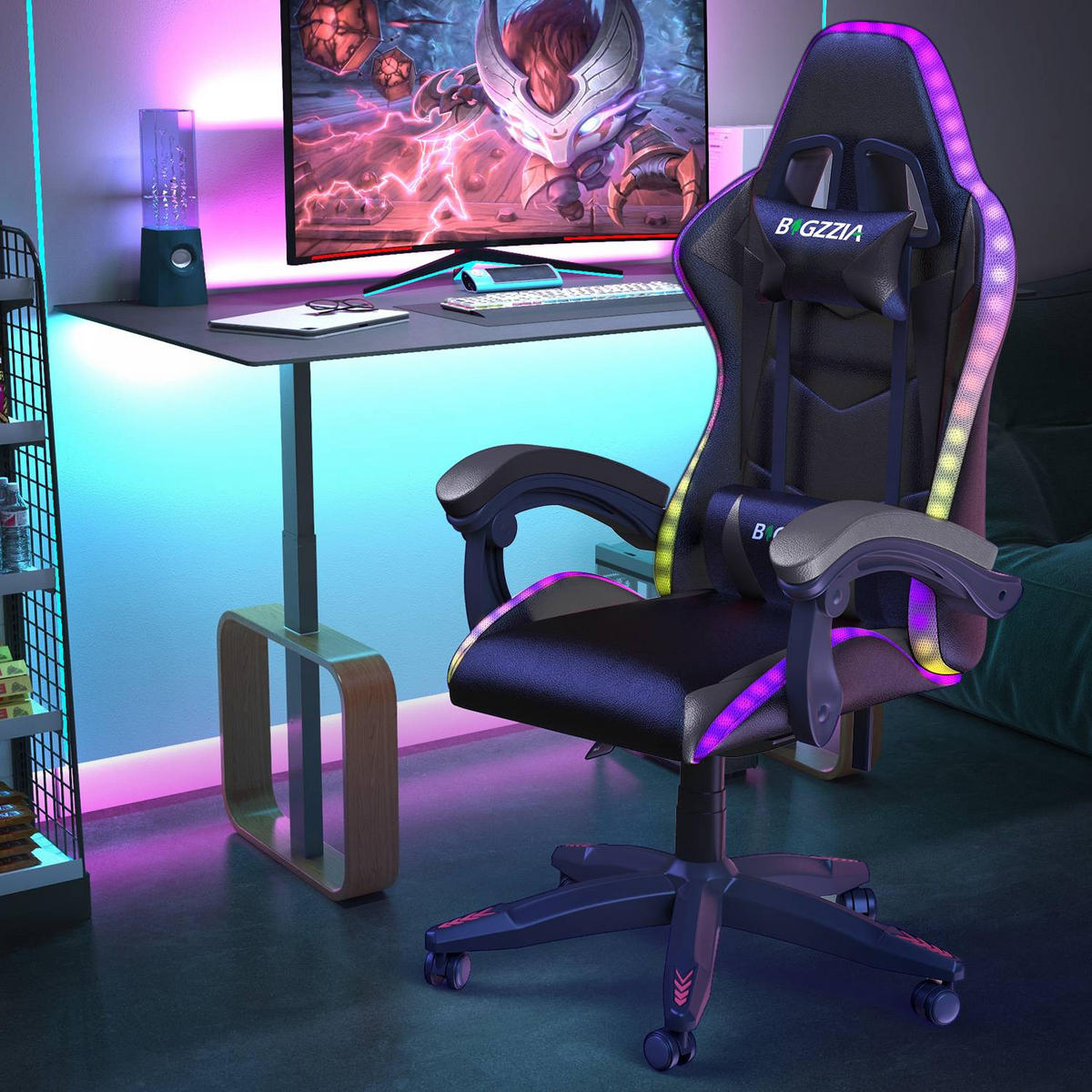 GAMING-STUHL LED, höhenverstellbar, Lenden- & Kopfstütze – Schwarz/Blau - Blau, Leder (53.5/117/54cm) - Rattantree