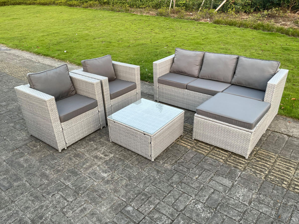 GARTENMÖBEL SET mit Couchtisch Polyrattan Helles Grau 6-Sitzer - Hellgrau, Metall - Fimous