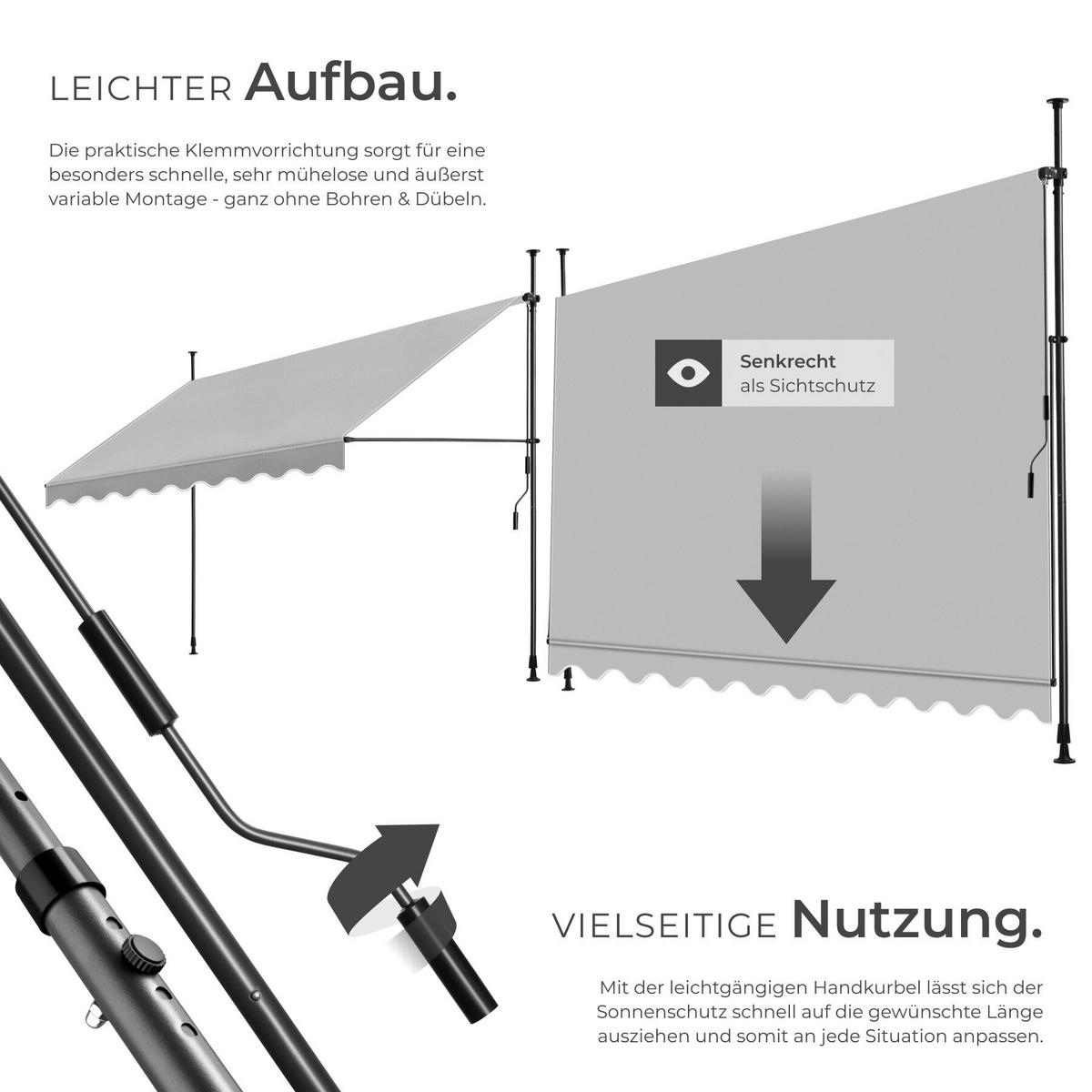 KLEMMMARKISE MIT HANDKURBEL , wasserabweisend, hellgrau - Hellgrau, Textil (350/304/180cm) - tectake