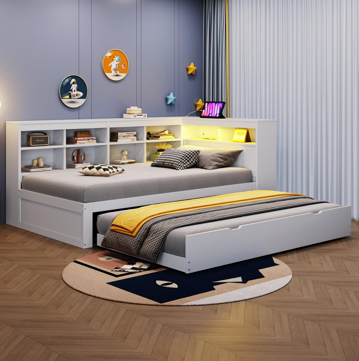 MULTIFUNKTIONSBETT 90/200 cm Weiß mit ausziehbarem Bett und USB-Anschluss - Weiß, Holzwerkstoff (90/200cm) - OKWISH