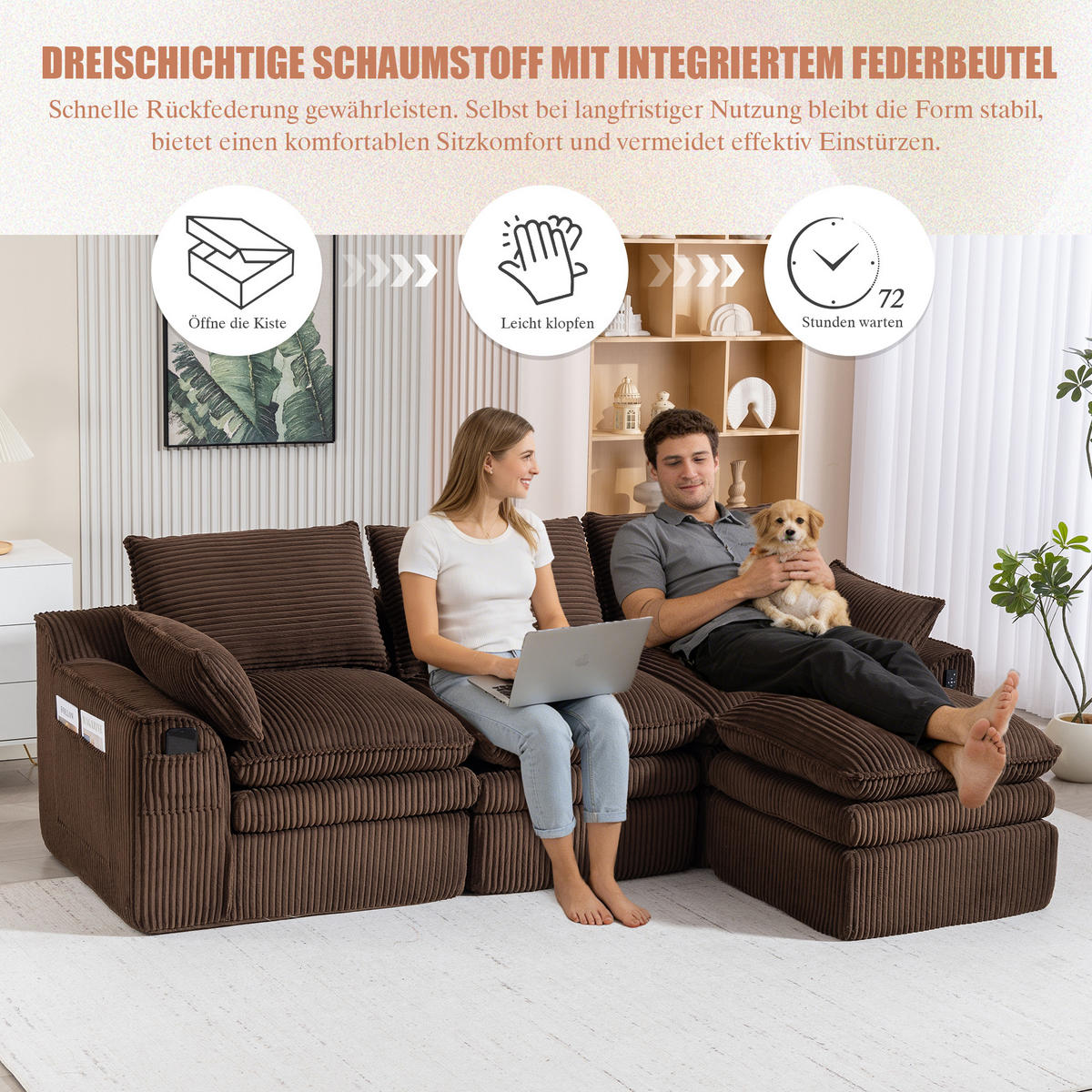 3-SITZER ECKSOFA Cord Braun mit Kissen, Hocker und Seitentaschen - Braun, Textil (263/167cm) - WISHDOR