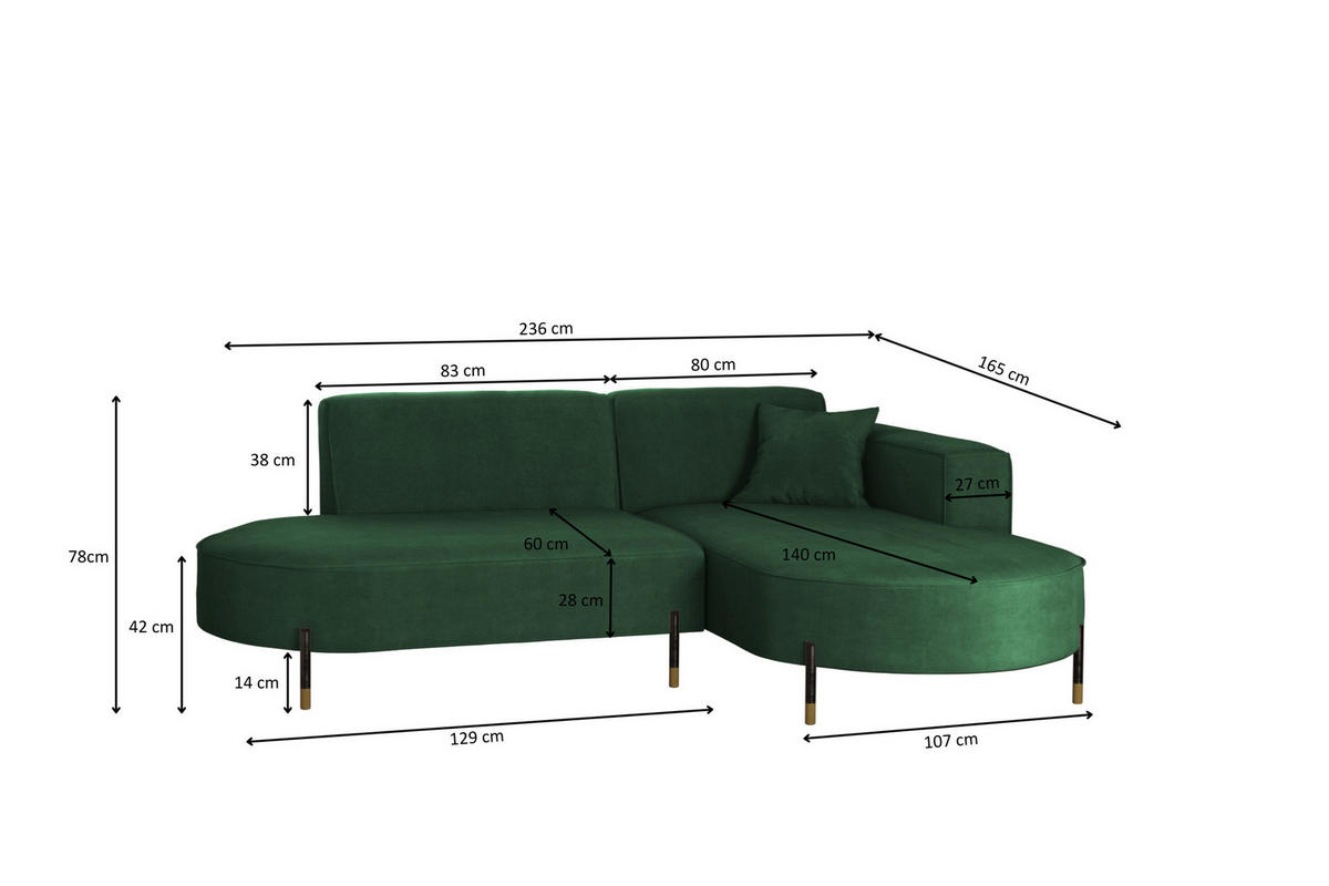 ECKSOFA L-Form Designer Modena Rein Stoff Noel Grün Rechts - Grün, Holz/Textil (236/165cm) - Kaiser Möbel