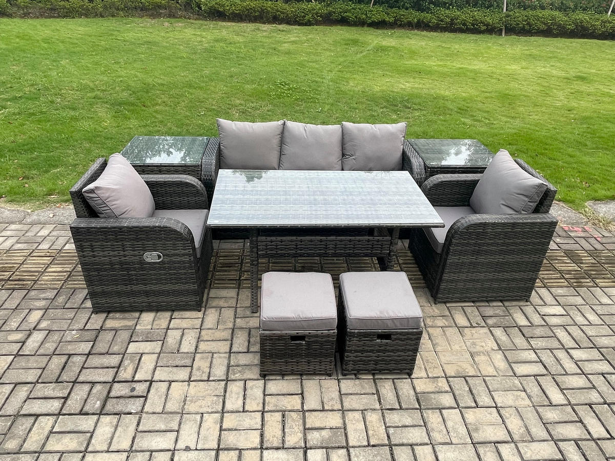 GARTENSET mit 3-Sitzer-Sofa,Hocker,Esstisch Polyrattan 7-Sitzer - Dunkelgrau/Grau, Glas/Kunststoff - Fimous