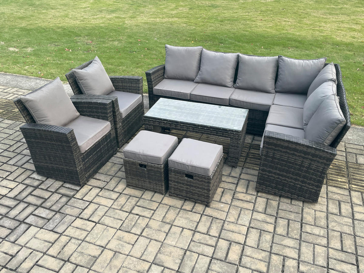 LOUNGEGARNITUR mit Couchtisch Sofa,2 Hocker Polyrattan Dunkelgrau 10-Sitzer - Dunkelgrau/Grau, Glas/Kunststoff - Fimous