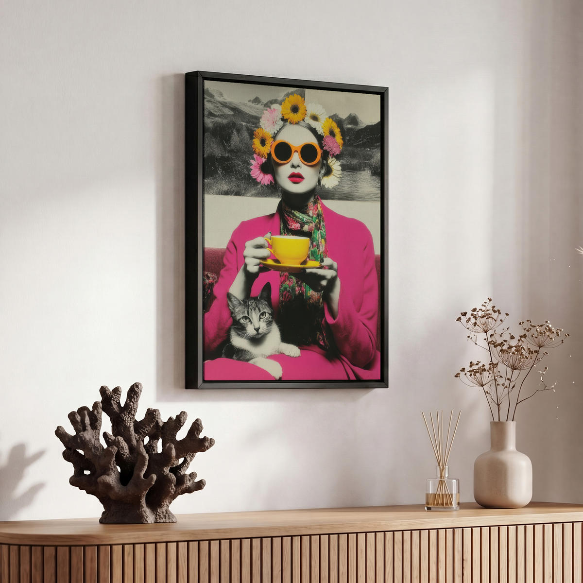 LEINWAND Bilder mit Rahmen - Frau - Katze - Blumen - Tasse - Retro - 20x30 - Magenta, Textil (20/30cm) - MuchoWow