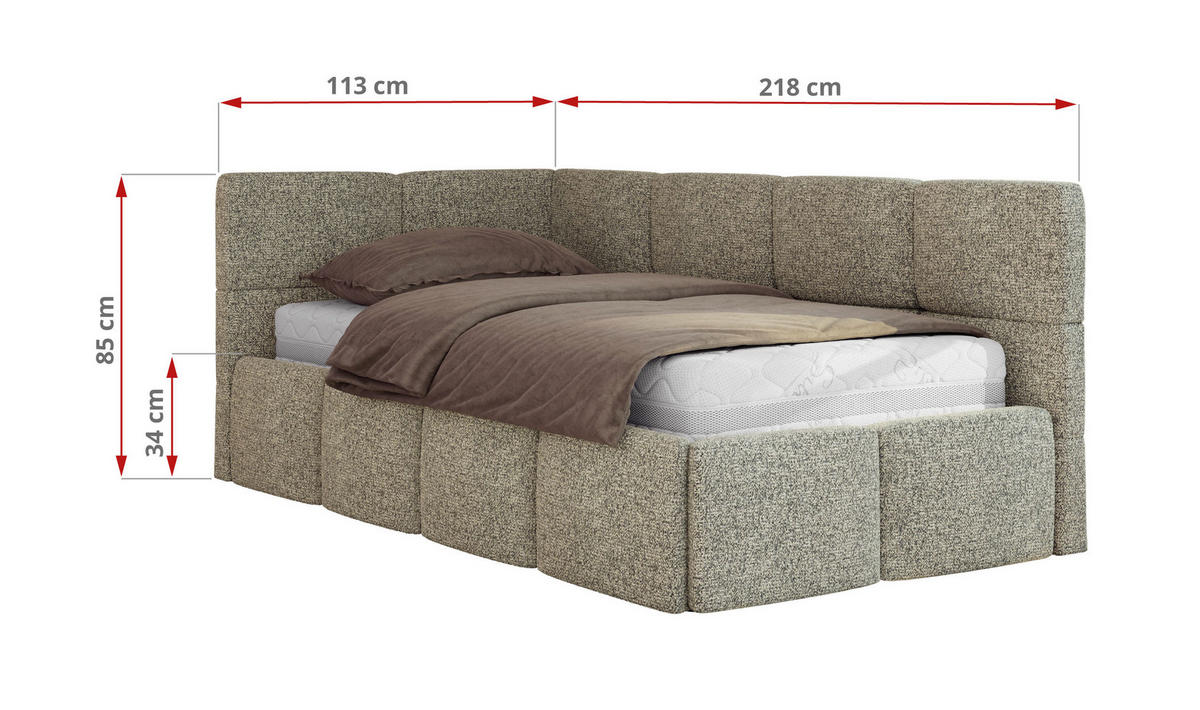 JUGENDBETT ARVO 90/200 - Grau Strukture - Pocket-Matratze - Links Seite - Grau, Textil (90/200cm) - MKS