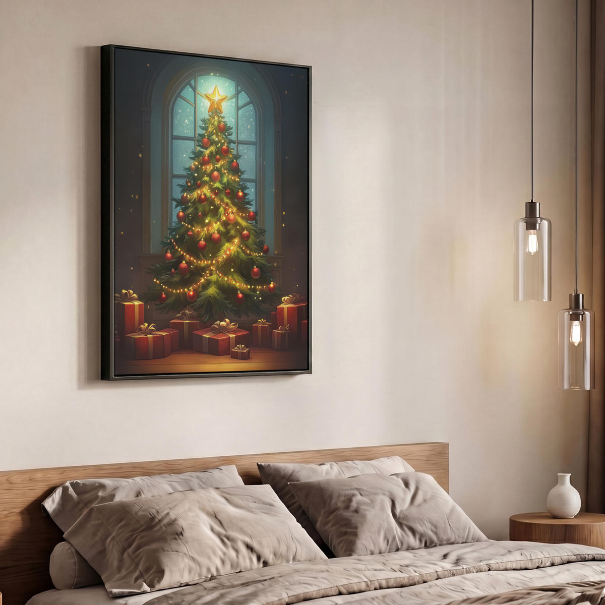 LEINWAND Bilder mit Rahmen - Weihnachtsbaum - Geschenk - Winter - 70x100 - Grün, Textil (70/100cm) - MuchoWow