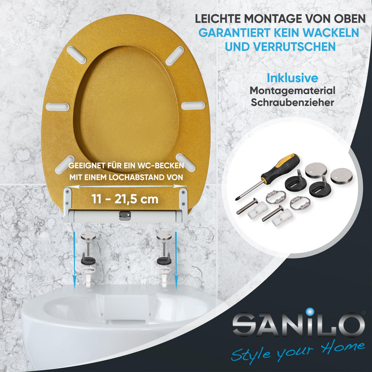 WC-SITZ mit Absenkautomatik & Top Fix Glitzer Gold - Goldfarben, Holzwerkstoff (37.7/5.5/48cm) - Sanilo