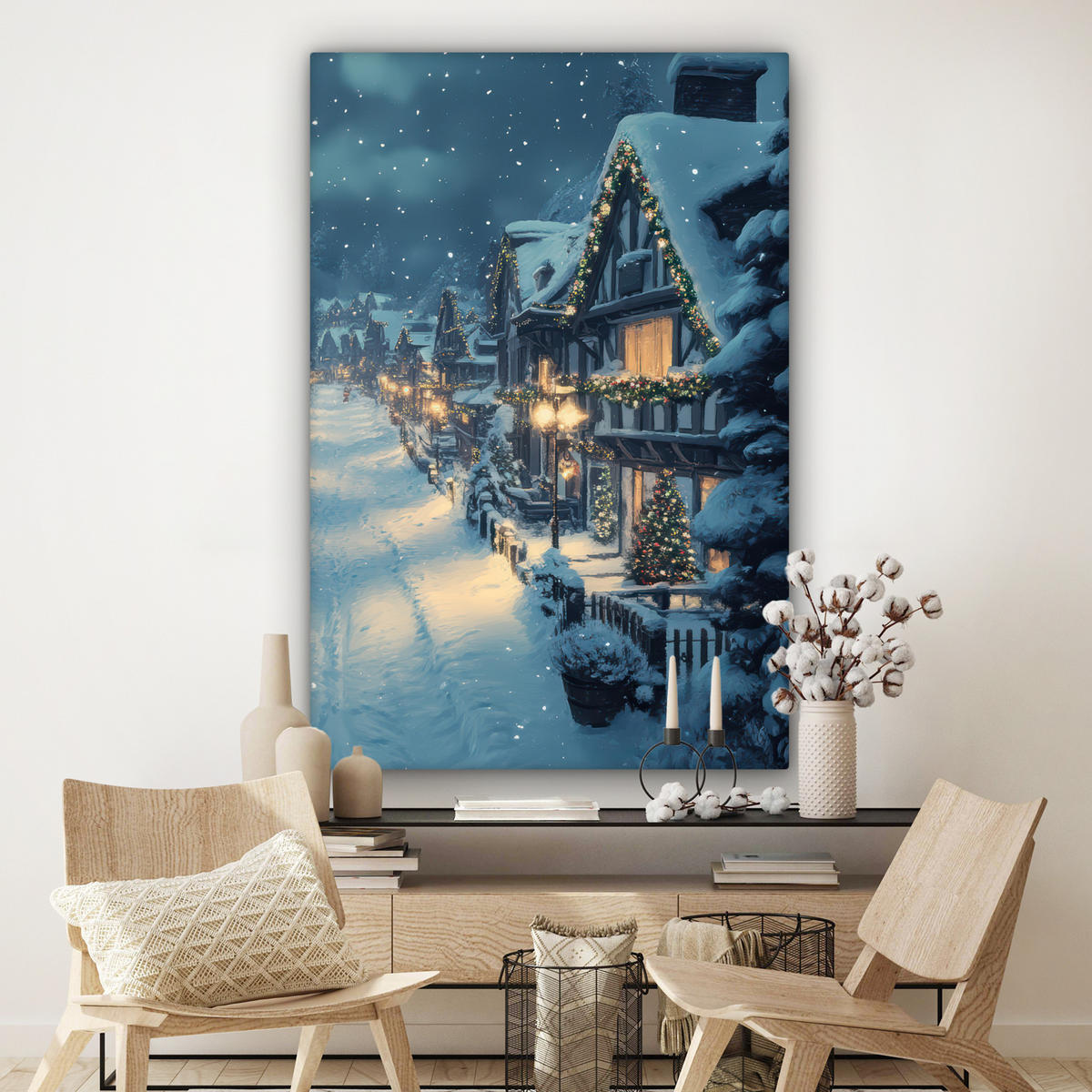 LEINWANDBILD Weihnachtsdorf - Weihnachten - Schnee - Winter 90x140 cm - Dunkelblau, Textil (90/140cm) - MuchoWow