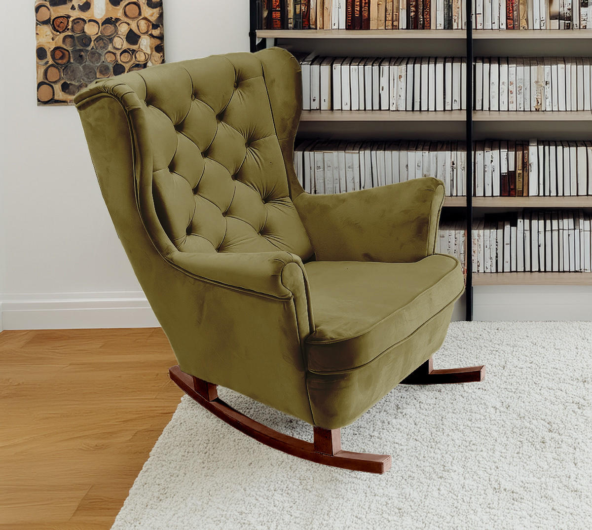 SCHAUKELSESSEL mit gepolstertem Sitz und Armlehnen, 102x81x95 cm, Grün_29845 - Salbeigrün/Braun, Holz/Textil (81/102/95cm) - DomoHome