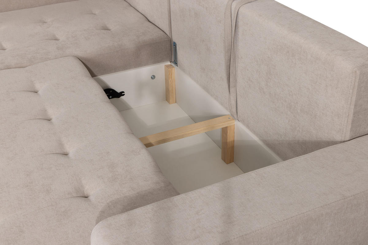 ECKSOFA mit Schlaffunktion Links Beige Chenille - 245x200 cm - Trevi - Beige/Schwarz, Holz/Holzwerkstoff (245/200cm) - Ravio