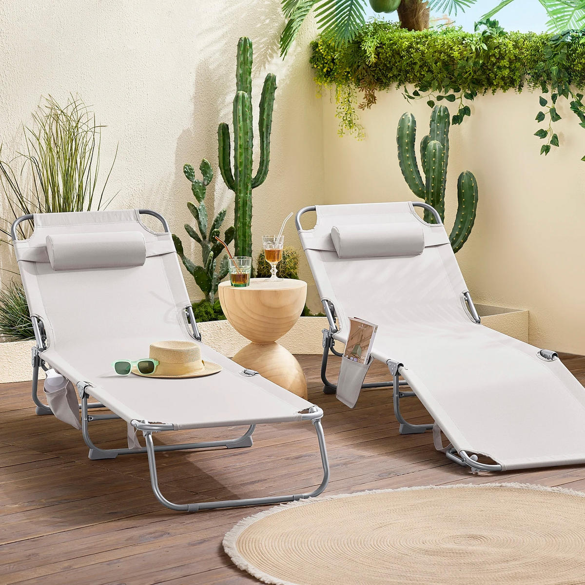 GARTENLIEGE 2er-Set Beige mit Tasche & Kopfkissen - Beige, Textil/Metall (195/58cm) - Kaket