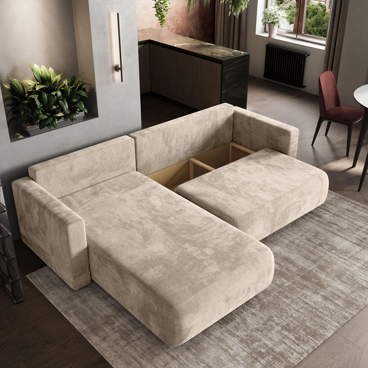 ECKSOFA TURIN M Creme Velours-Stoff mit Schlaffunktion - Creme/Grau, Holz/Kunststoff (265/183cm) - MASSENO