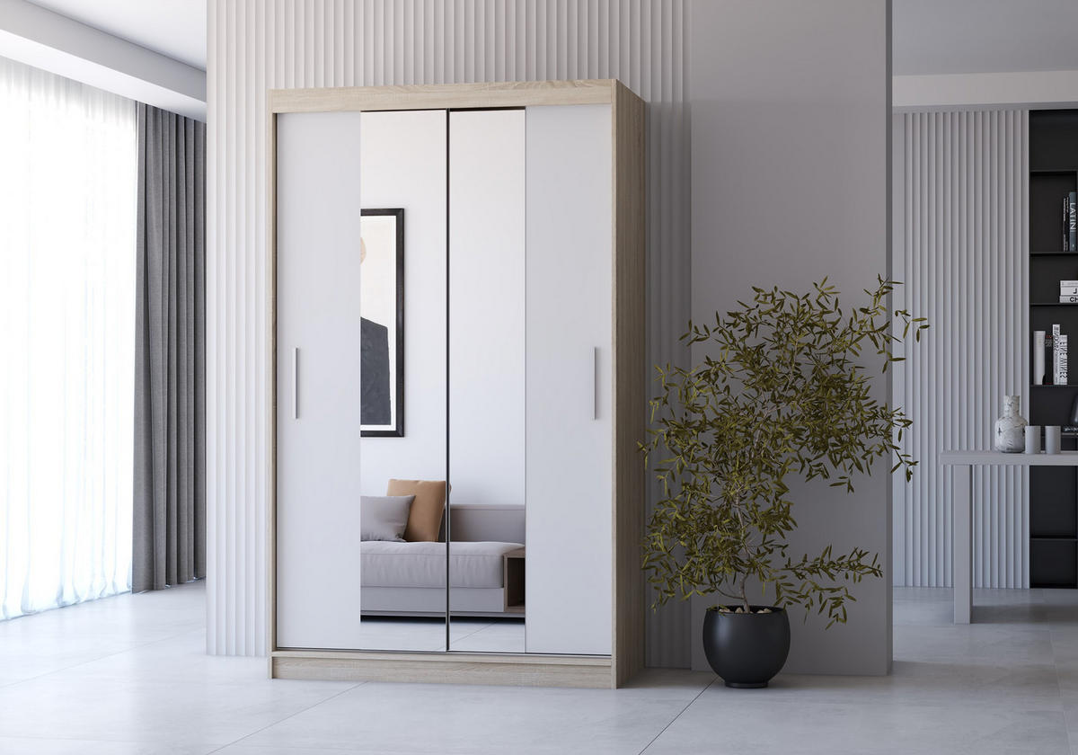 SCHWEBETÜRENSCHRANK Neomi 01 Sonoma Eiche/Weiß mit Spiegel 120 cm - Alufarben/Weiß, Holzwerkstoff/Kunststoff (120/200/61cm)