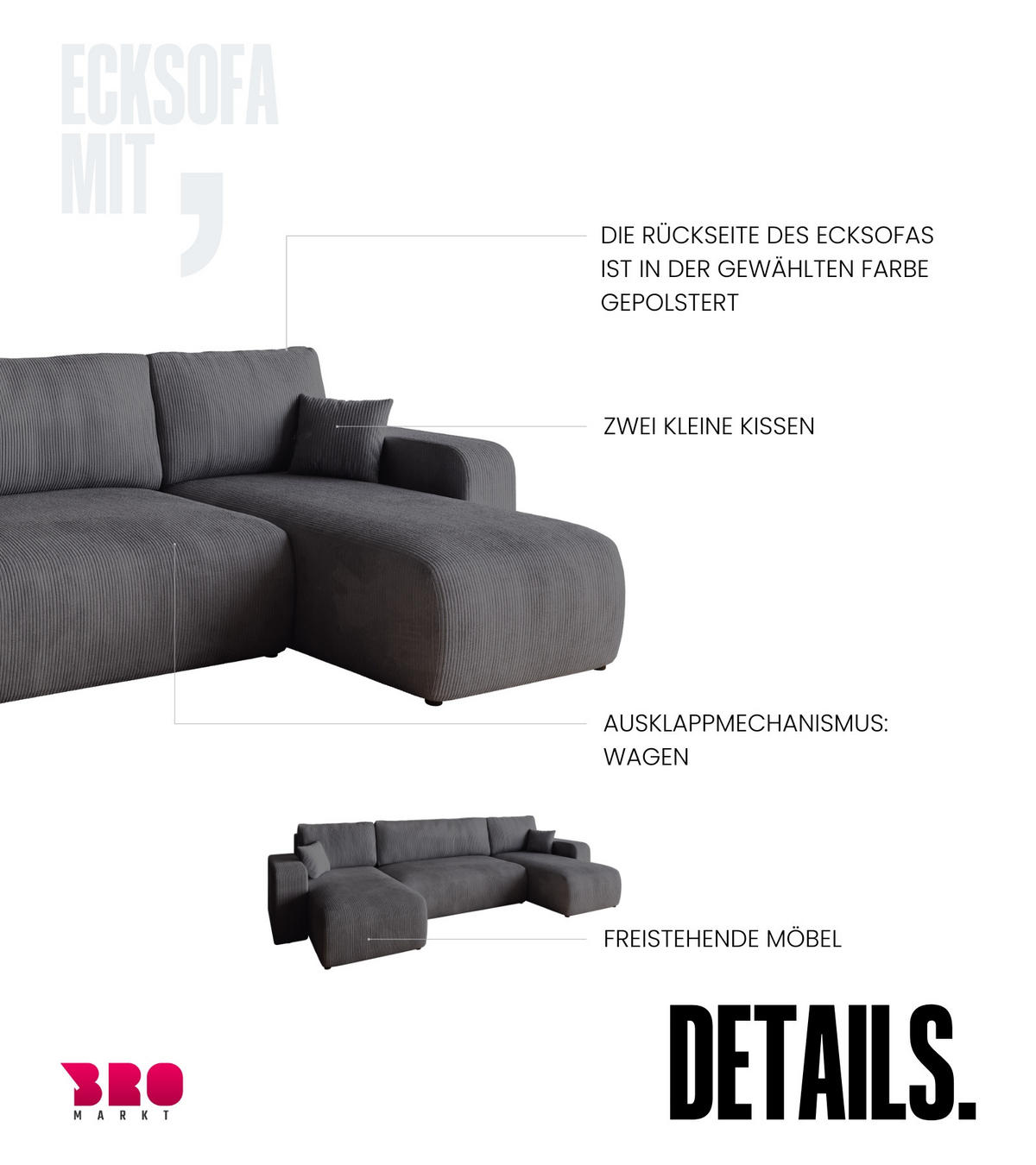WOHNLANDSCHAFT PUMI mit Schlaffunktion Grau Cord - Grau, Textil (312/82/148cm) - Bromarkt