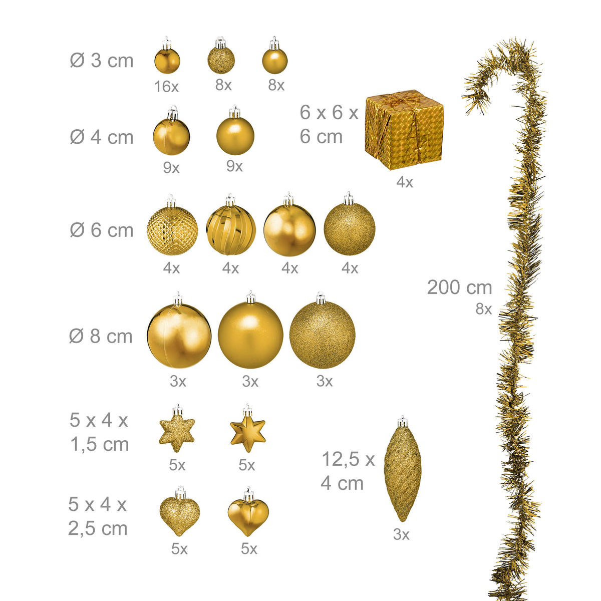WEIHNACHTSKUGELN-SET 110-tlg. - Goldfarben, Kunststoff (8/9/8cm) - Relaxdays