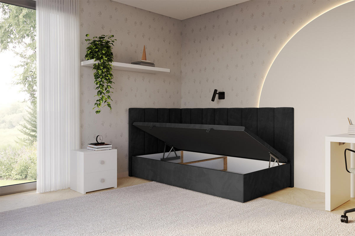 EINZELBETT Jugendbett mit Bettkasten Rechts, ohne Matratze - LOVY 100x200 Schwarz - Schwarz, Holzwerkstoff/Textil (100/200cm) - ALTDECOR