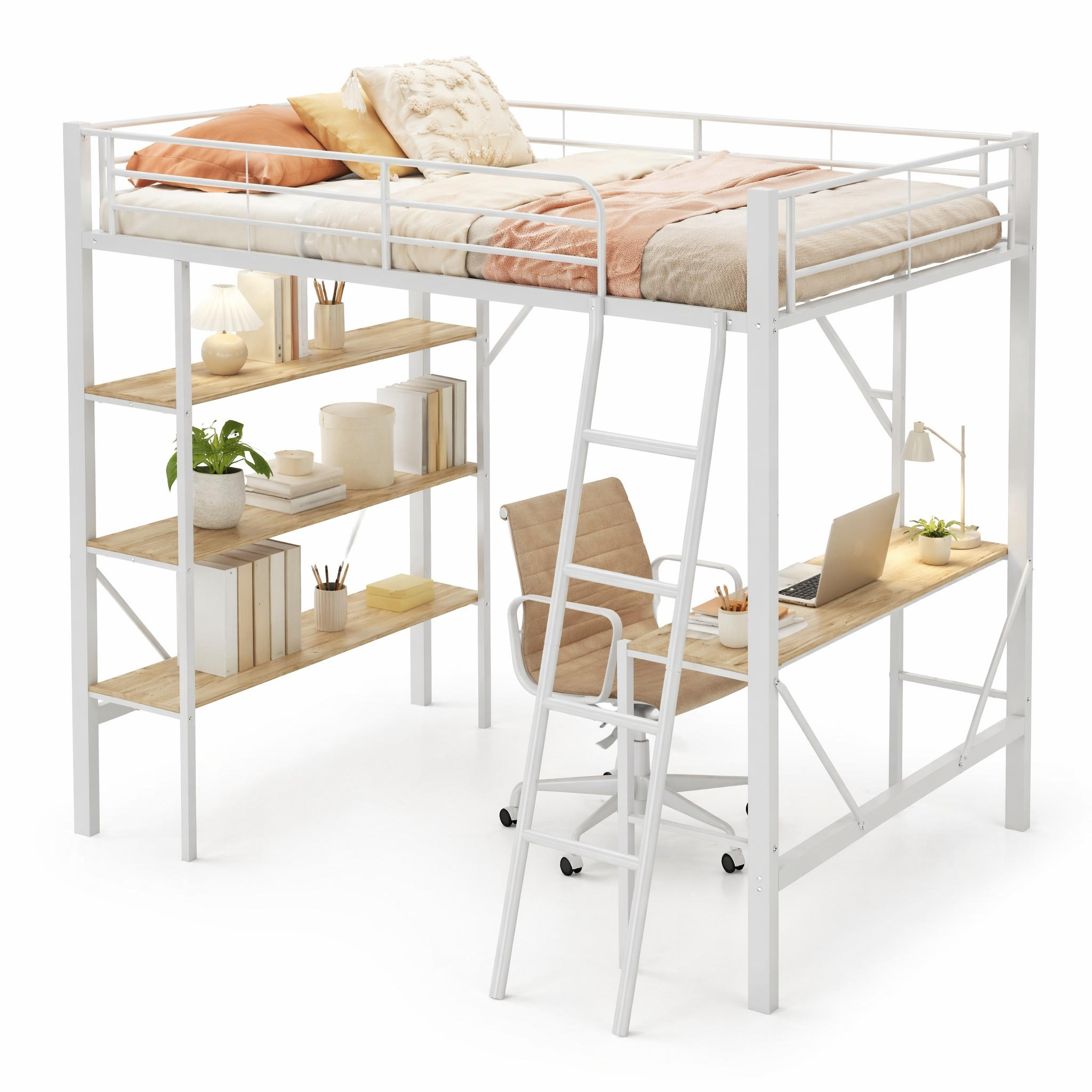 HOCHBETT 90/200 cm in Weiß mit Schreibtisch und 3 Ablagen - Weiß, Holz/Metall (90/200cm) - STILVORA