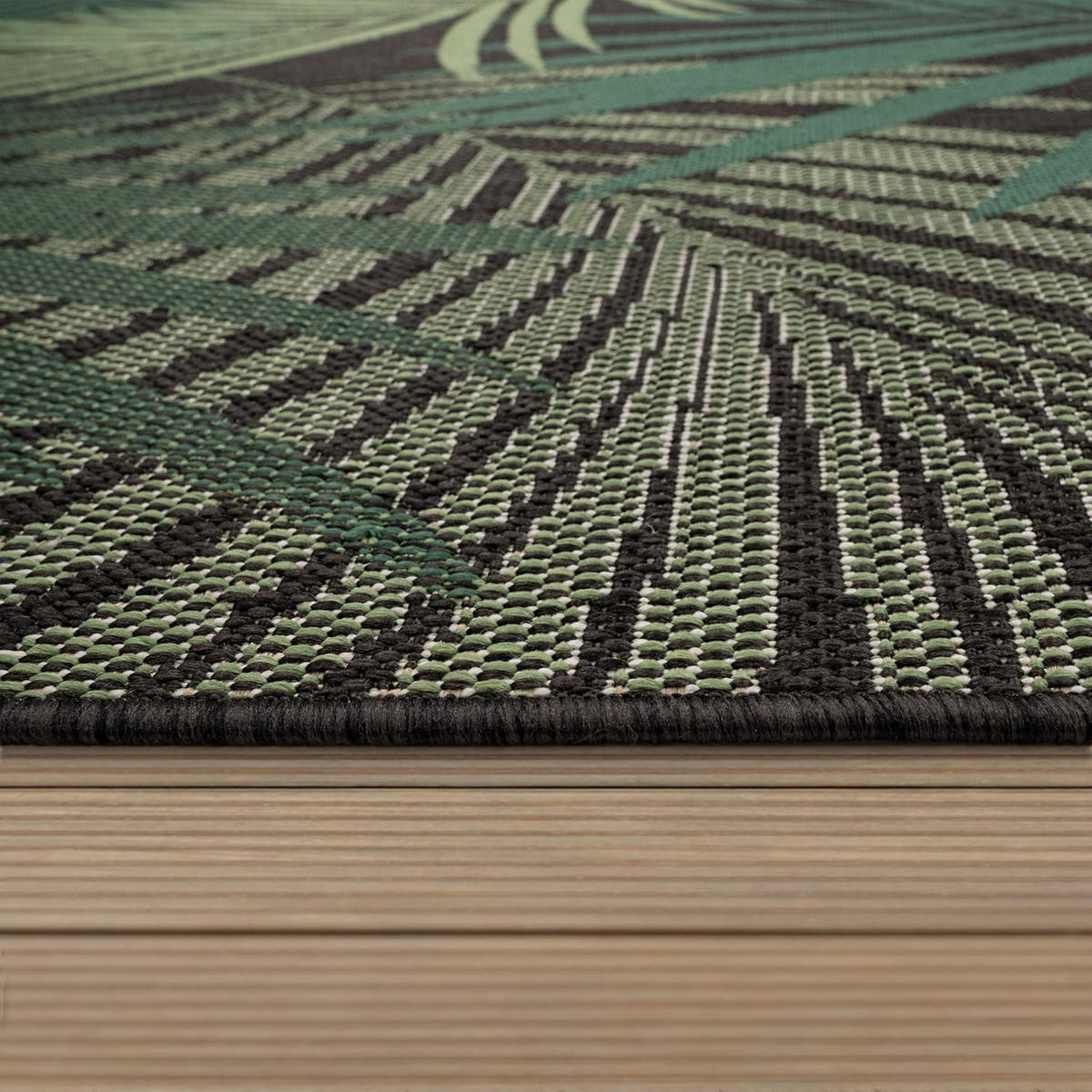 OUTDOOR Teppich Palmblättermuster Balkon, Terrasse schmutzabweisend Schwarz Läufer 80x150 - Schwarz, Textil (80/150cm) - KADIMA DESIGN