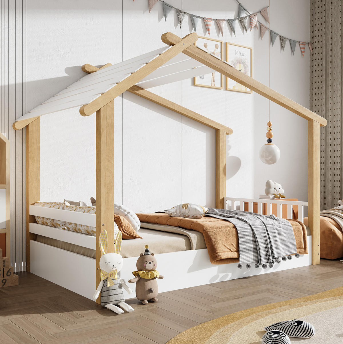 HAUSBETT 90/200 cm Weiß/Natur aus Kiefer, Spanplatte und MDF mit Holzhausdesign - Weiß, Holz (90/200cm) - OKMYHOME