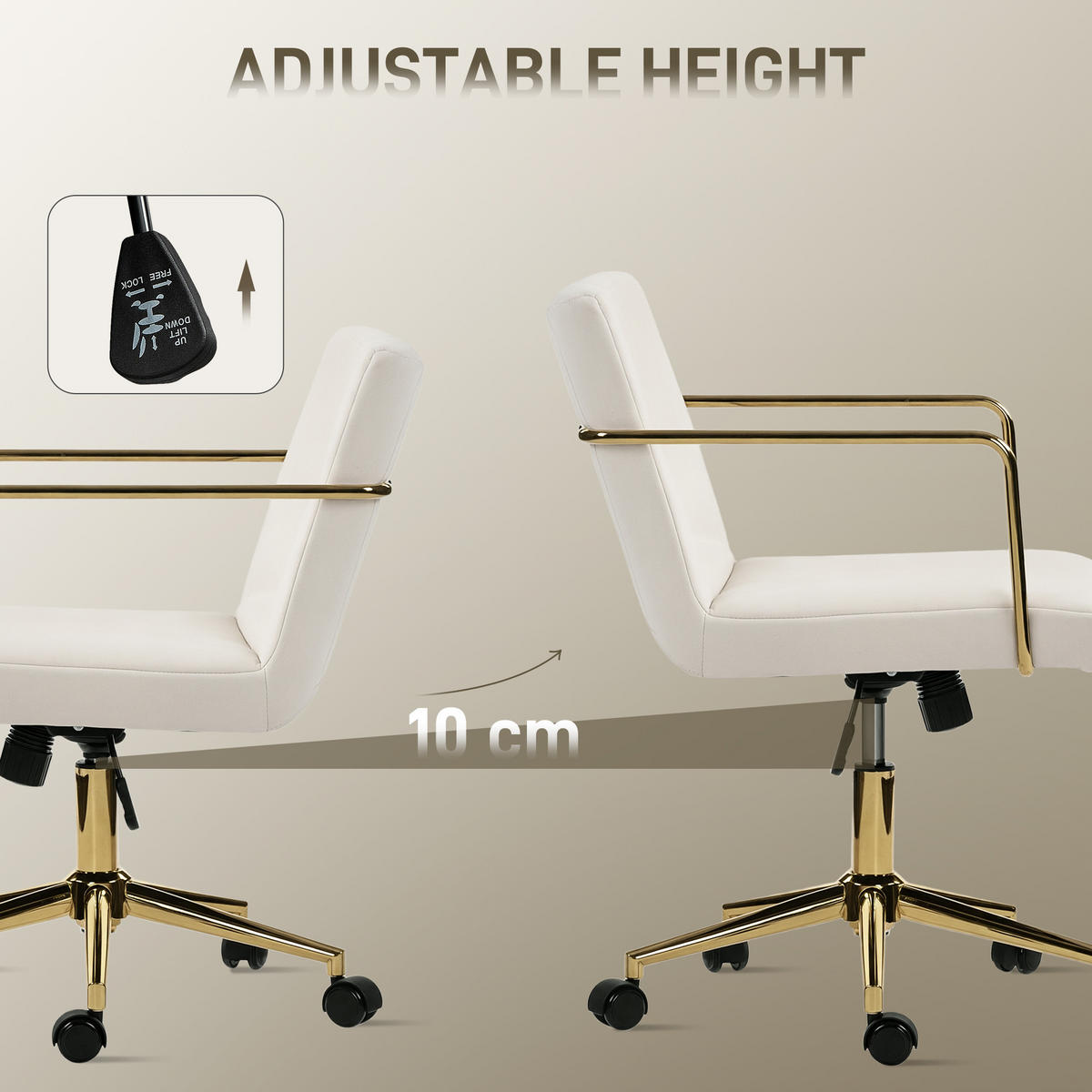 SCHREIBTISCHSTUHL höhenverstellbarer Bürostuhl mit Samtoptik Kippfunktion Creme - Goldfarben/Creme, Textil/Metall (57/90/64cm) - HOMCOM