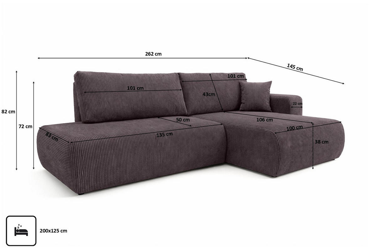 ECKSOFA Mit Schlaffunktion Und Bettkasten, Cordstoff Poso, Dunkelgrau, Rechts, OPEN XL - Dunkelgrau, Holz (262/145cm) - Kaiser Möbel