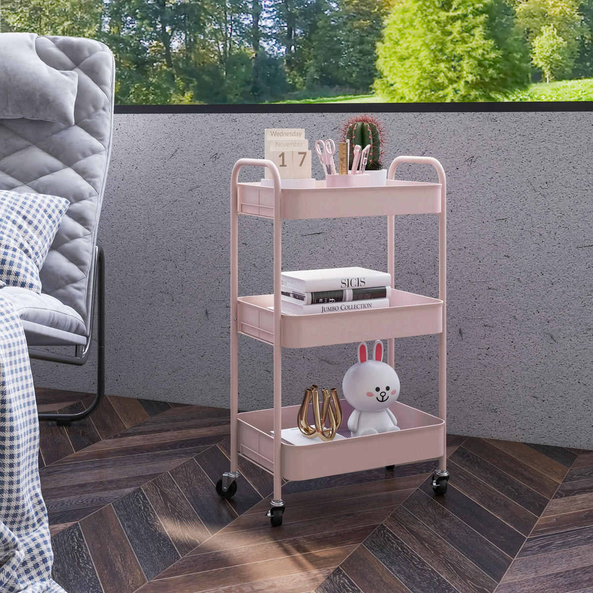 SERVIERWAGEN Rollwagen mit 3 Etagen, für Küche, Wohnzimmer, Stahl, Rosa - Rosa, Metall (30.6/79/45cm) - HOMCOM