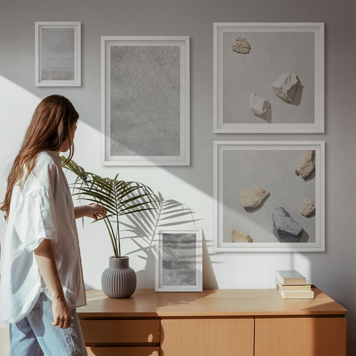 WANDBILDER 5er-Set - 50x50 cm & 20x30 cm & 40x60 cm Weißer Rahmen - Moderne minimalistische Texturen - Weiß, Kunststoff (40/60cm) - ArtPrintCave