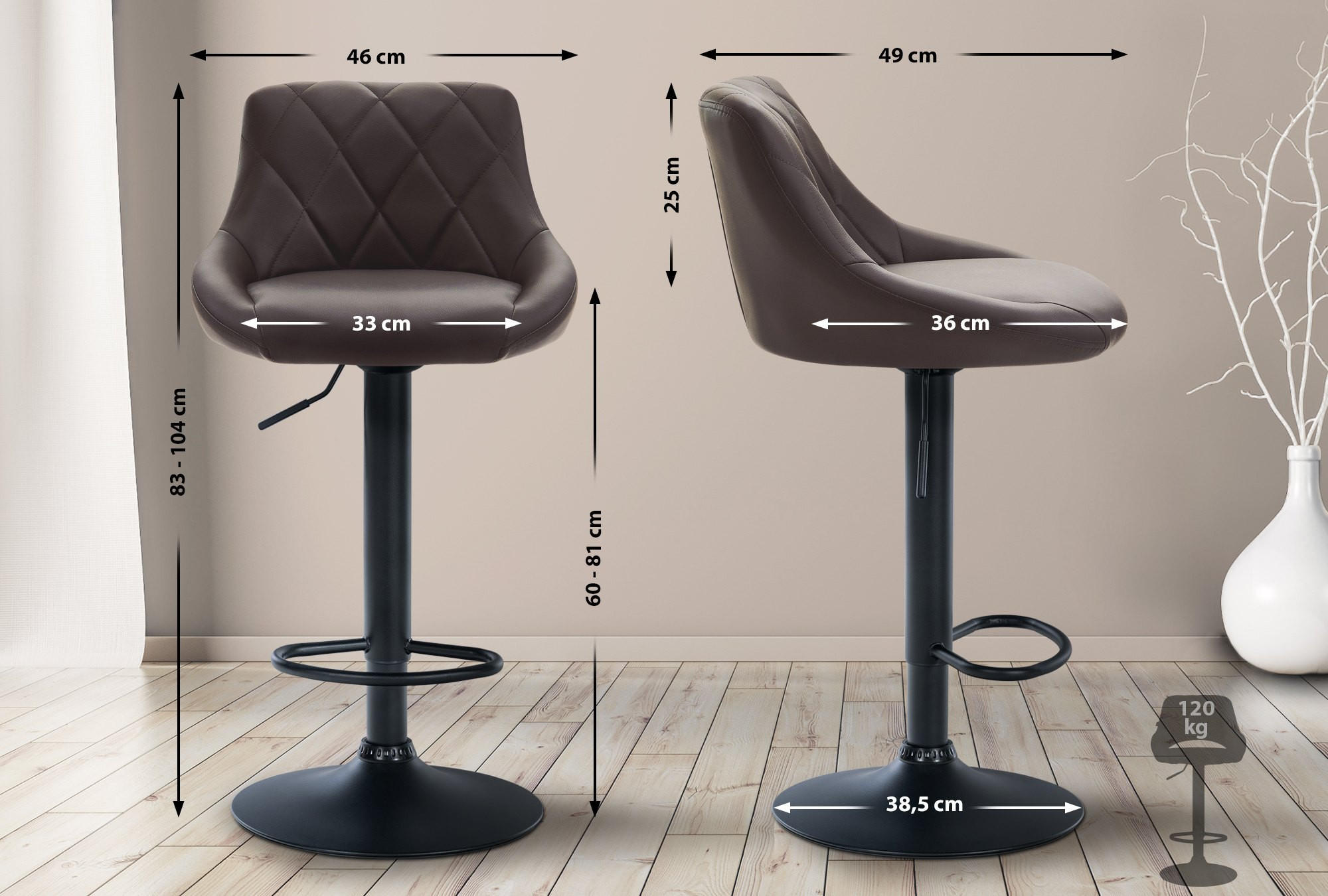 BARHOCKER Lederlook braun - Schwarz/Braun, Textil/Metall (46/83/49cm) - CLP