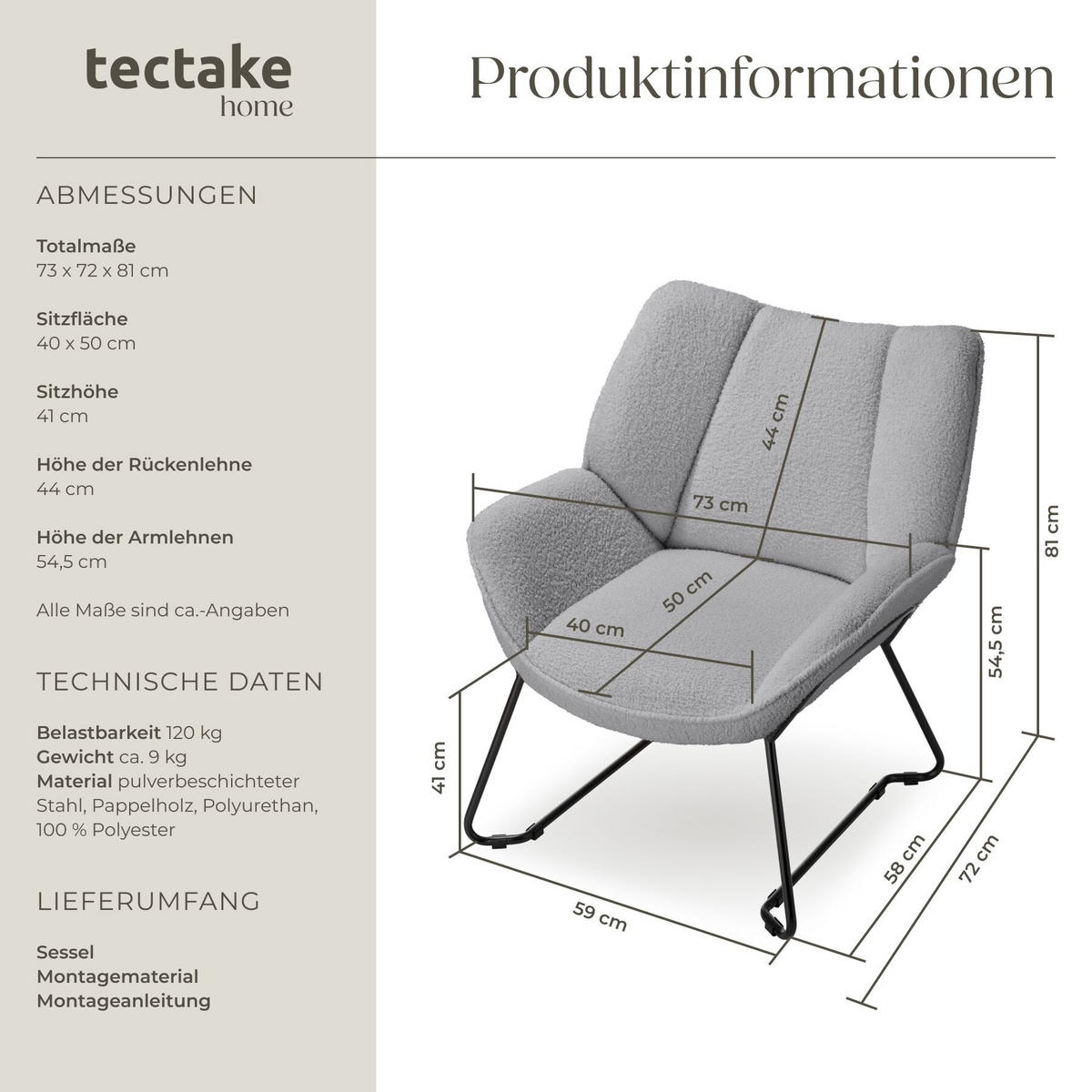 SESSEL Kjeld,73 x 72 x 81 cm,hellgrau - Hellgrau, Kunststoff (73/81/72cm) - tectake