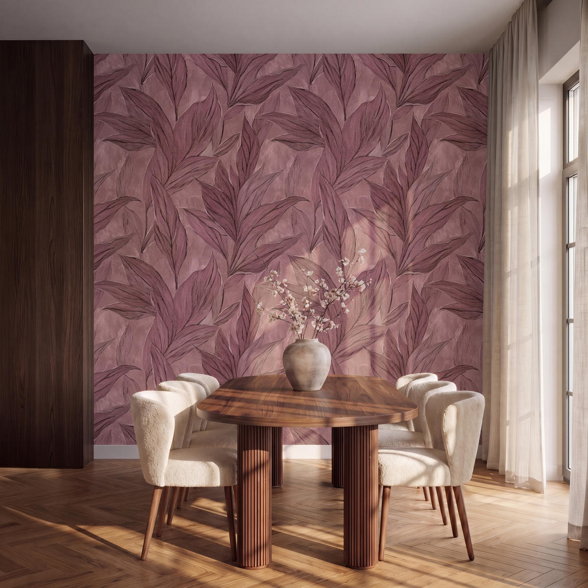 TAPETE - Blätter - Muster - Lila - 280x280 cm - Altrosa, Papier (280/280cm) - OnlyWow