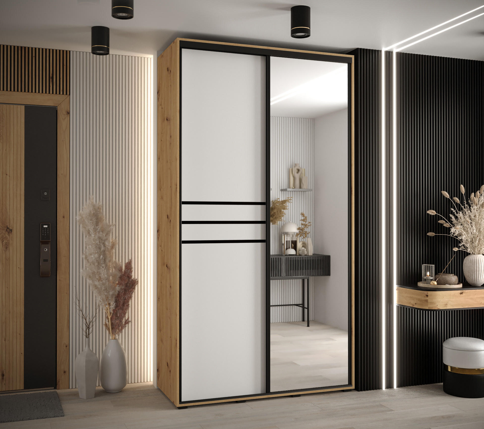 SCHWEBETÜRENSCHRANK 235,2/130/60 2-türig - Schwarz/Weiß, Holz/Metall (130/235/60cm) - Abiks Möbel