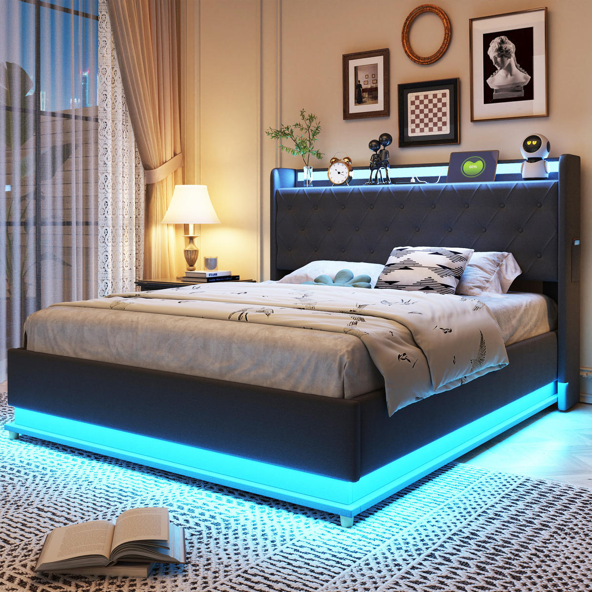 POLSTERBETT 140x200 LED USB Hydraulisch Stauraum Leinen Grau - Grau, Holzwerkstoff - FLIEKS